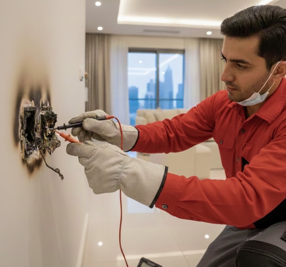 Eletricista atendendo emergência em tomada danificada